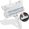 A white reusable pet hair remover brush with a suction mechanism is shown open and in use.