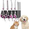 Set aus Edelstahl-Grooming-Schere und Kamm neben einem Golden Retriever und einem orangen Etikett