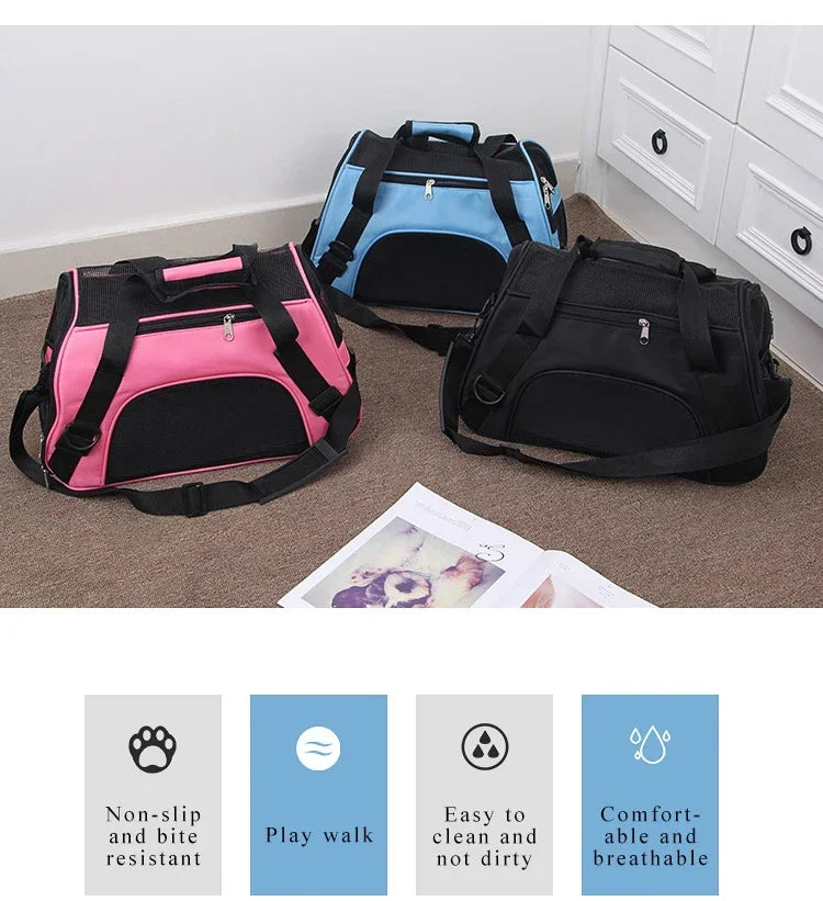 Three portable foldable pet carriers for cats and dogs in black, pink, and blue against a light background.
