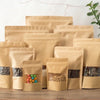 A collection of reusable kraft paper zipper bags filled with various dried goods and ingredients.