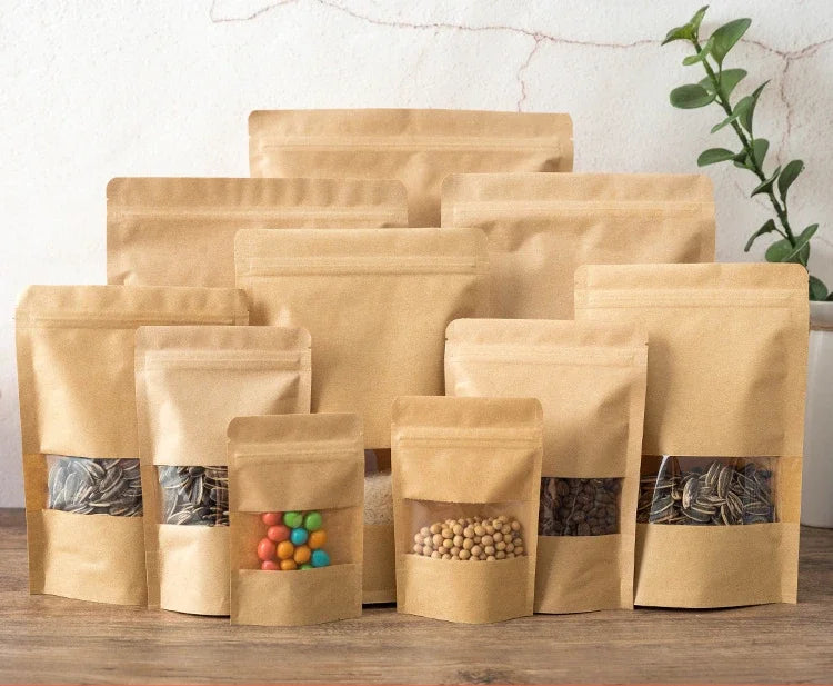 A collection of reusable kraft paper zipper bags filled with various dried goods and ingredients.
