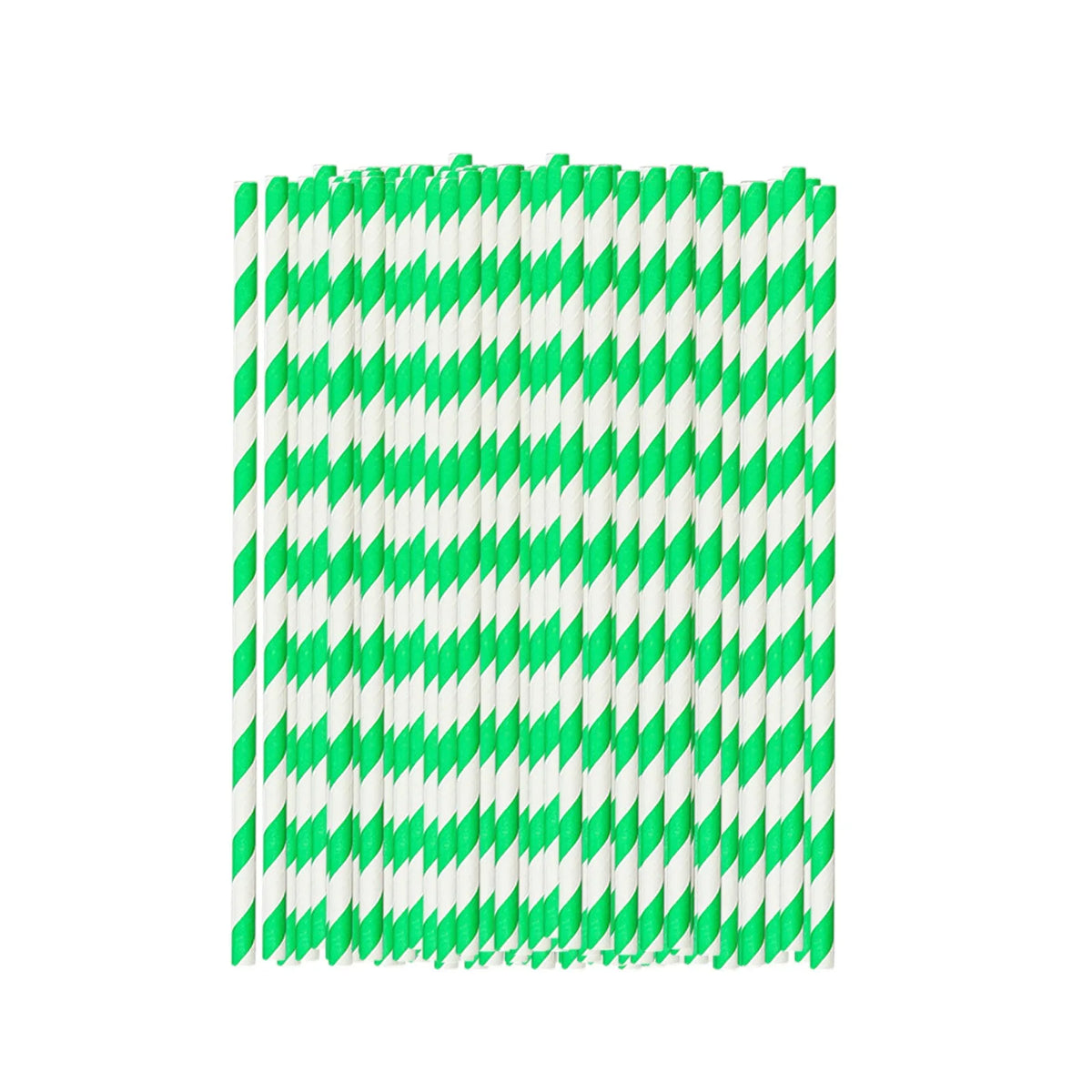 A pack of 100 white and green striped biodegradable paper straws.