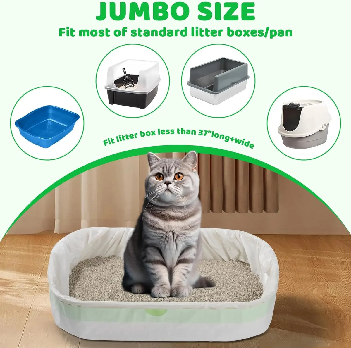 Graue Katze sitzt in einem großen weißen Katzenstreubeutel, der die Jumbo-Größe für Standardboxen demonstriert.