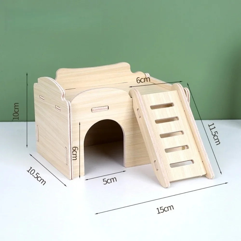 A natural wooden hamster house and activity platform with an arched entrance and a wooden ramp.