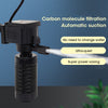 A black compact submersible aquarium filter is shown with a hose emitting water, highlighting features like carbon molecule f