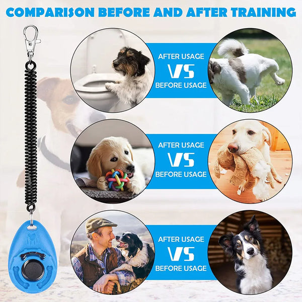 Comparison showing dogs before and after training using dual pet training clickers and adjustable wrist straps.