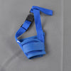 A blue adjustable breathable dog muzzle with soft padding and a black strap is shown against a gray background.
