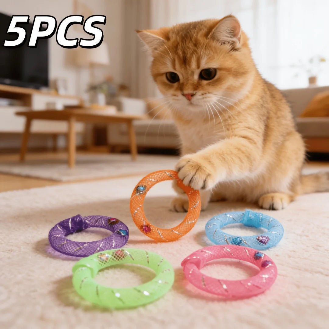 Five colorful mesh donut chew toys for cats, including orange, purple, blue, and pink.