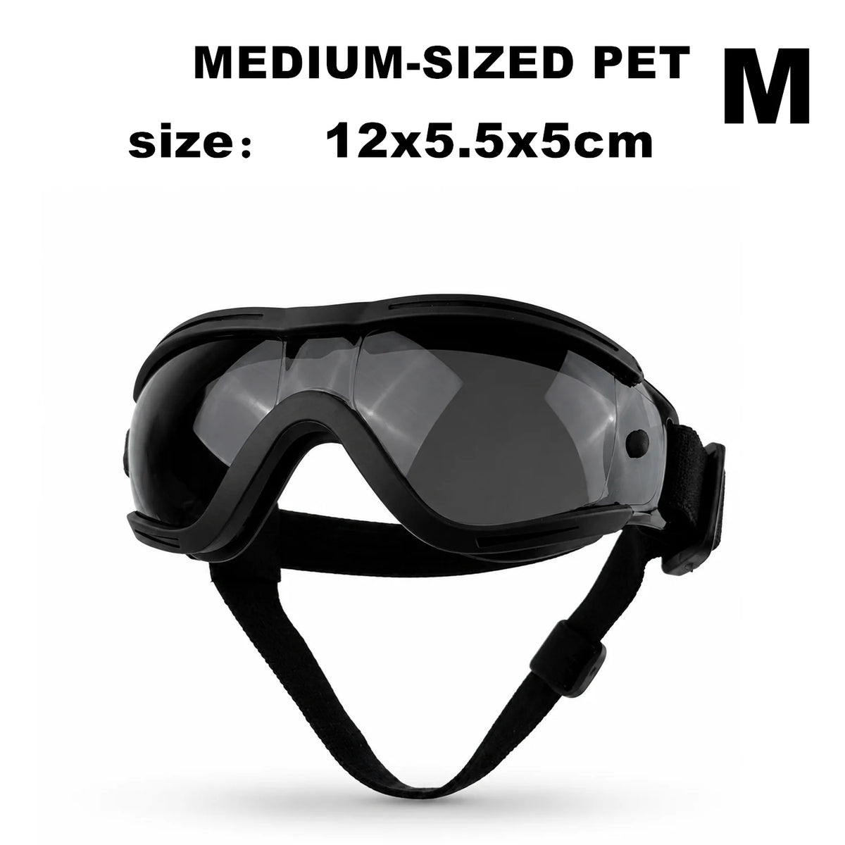Ein Paar schwarze, UV-schutzbrillen für Hunde mit Halterung, von vorne gezeigt.