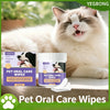 A fluffy white cat is relaxing while a package of Pet Oral Care Wipes for dogs and cats is displayed.
