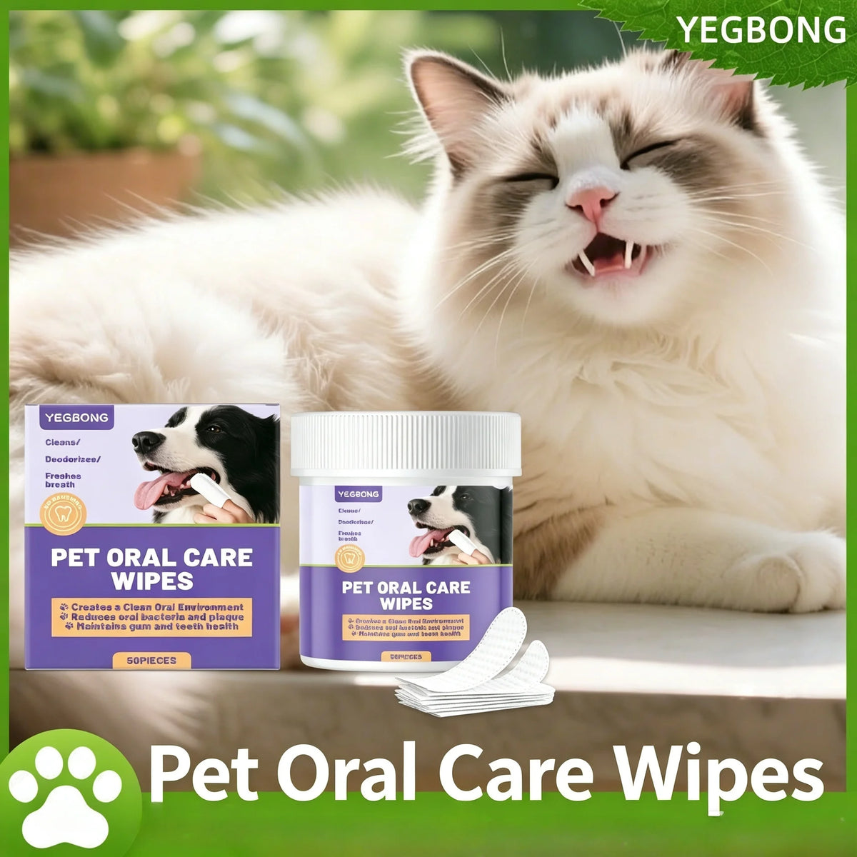 A fluffy white cat is relaxing while a package of Pet Oral Care Wipes for dogs and cats is displayed.