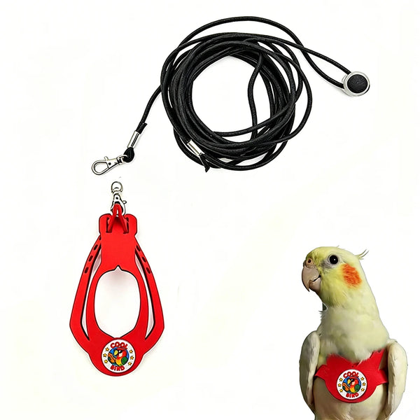 Red adjustable parrot harness and leash set with a yellow parrot