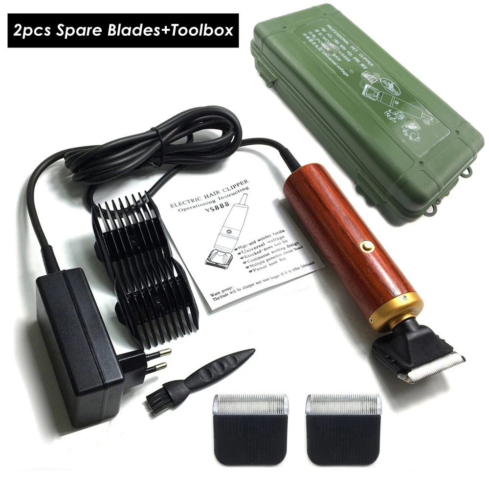A set of two spare blades and a toolbox for a professional corded pet clipper.