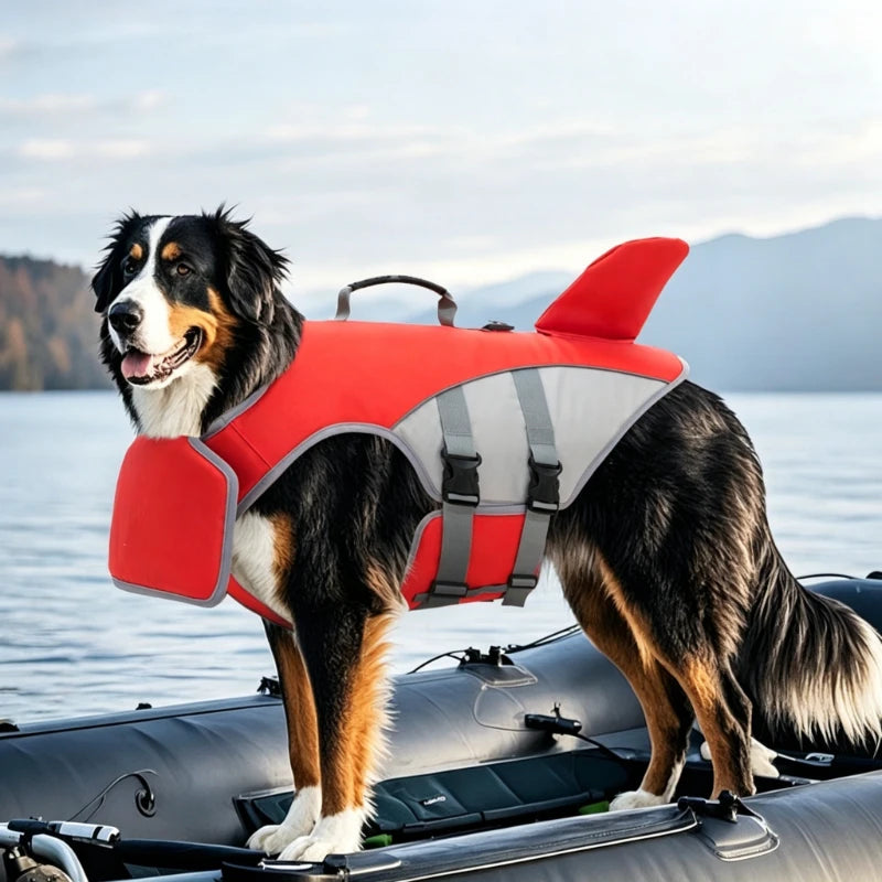 Un chien en noir et blanc se tient sur un bateau, portant un gilet de sauvetage rouge et gris durable pour la sécurité et le 