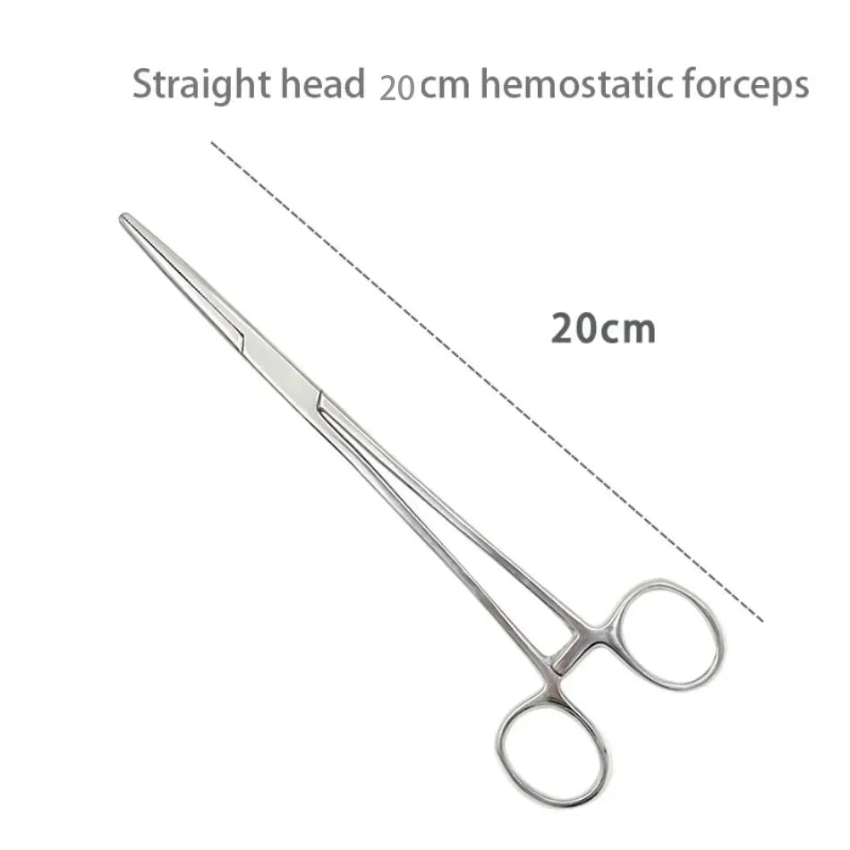 Stainless steel straight head hemostatic forceps shown with a 20cm scale marker.