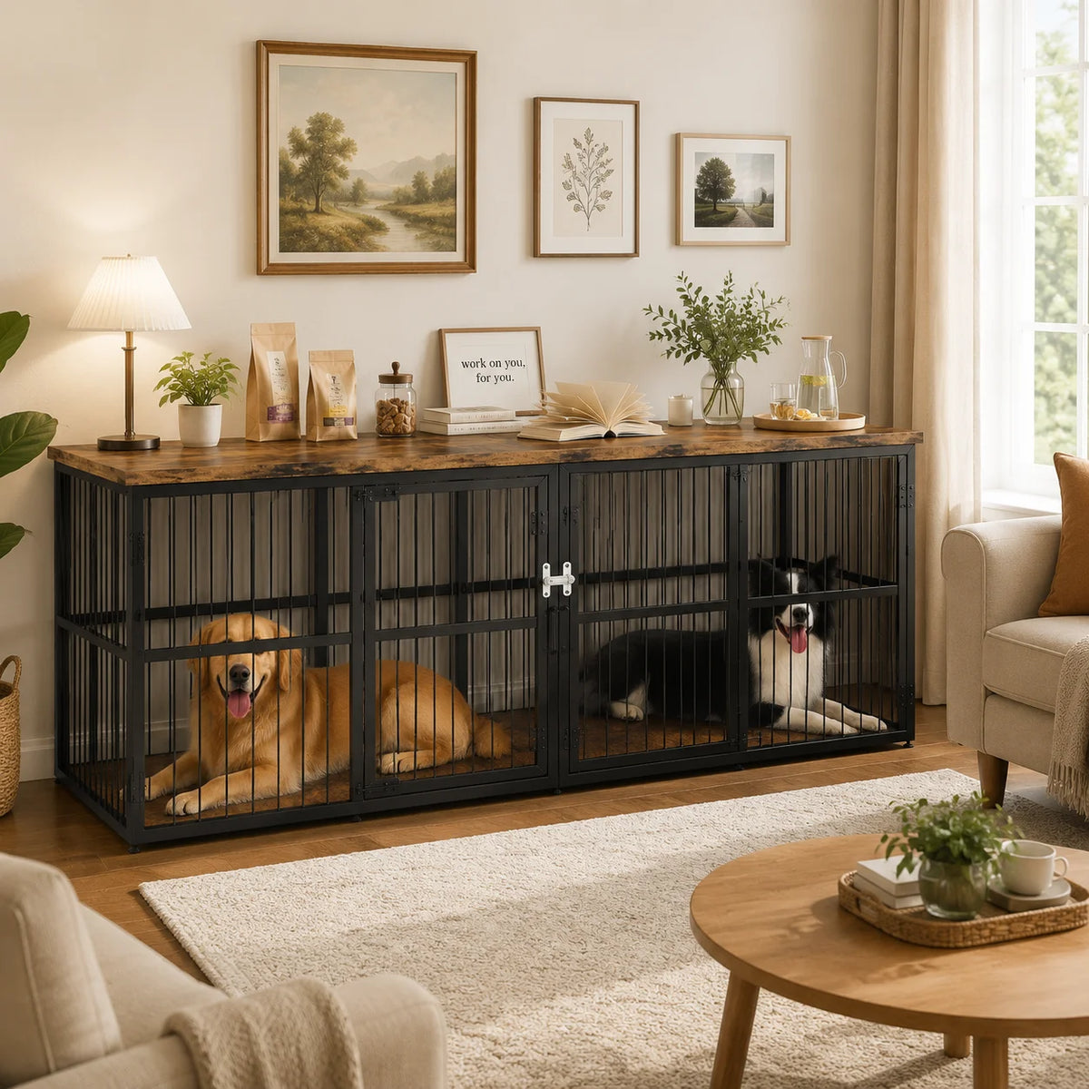 A black wire crate furniture piece with a wooden top used as a display stand for various items.