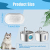 A silver pet water fountain with a replacement filter and a clear plastic filter component shown next to a cat.