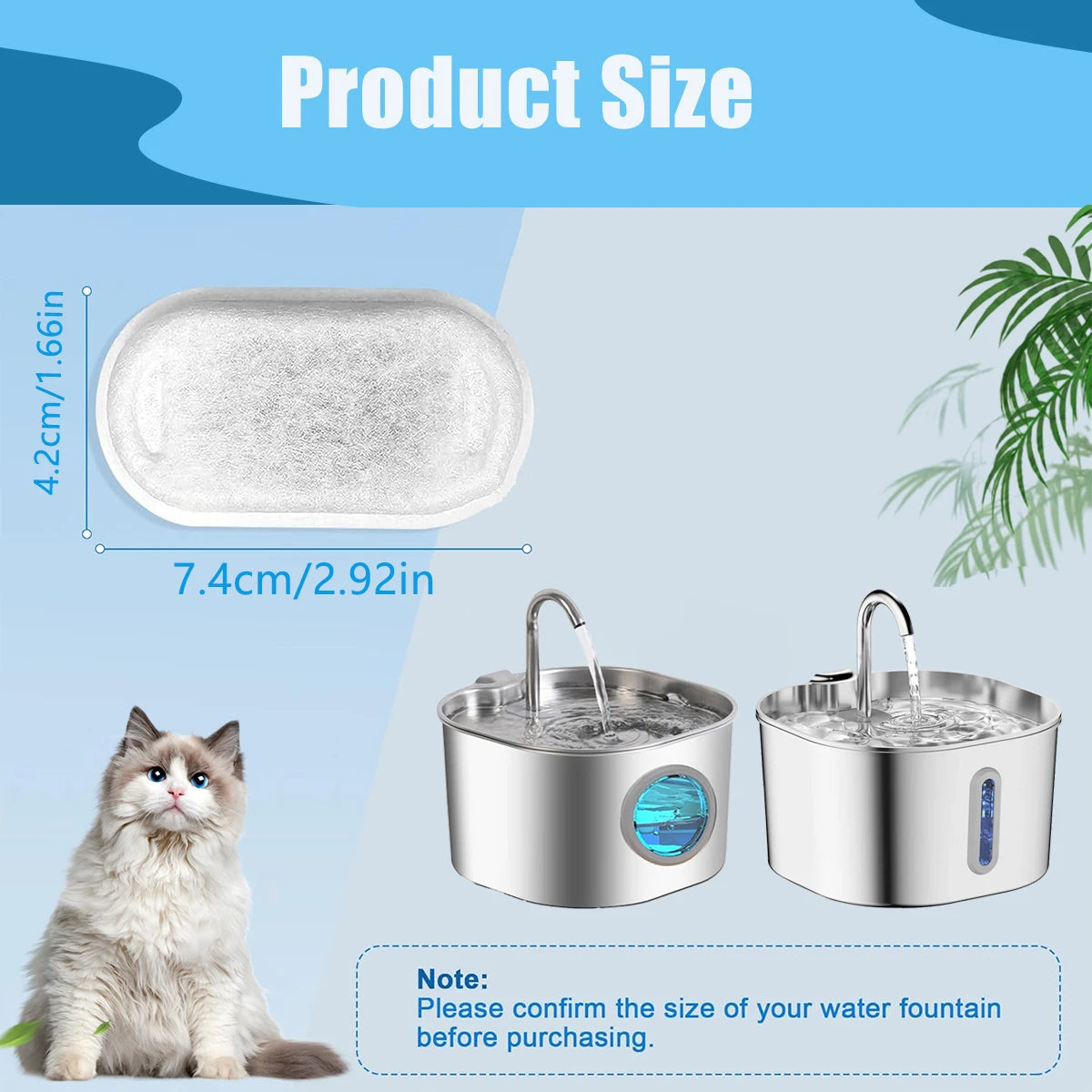 A silver pet water fountain with a replacement filter and a clear plastic filter component shown next to a cat.