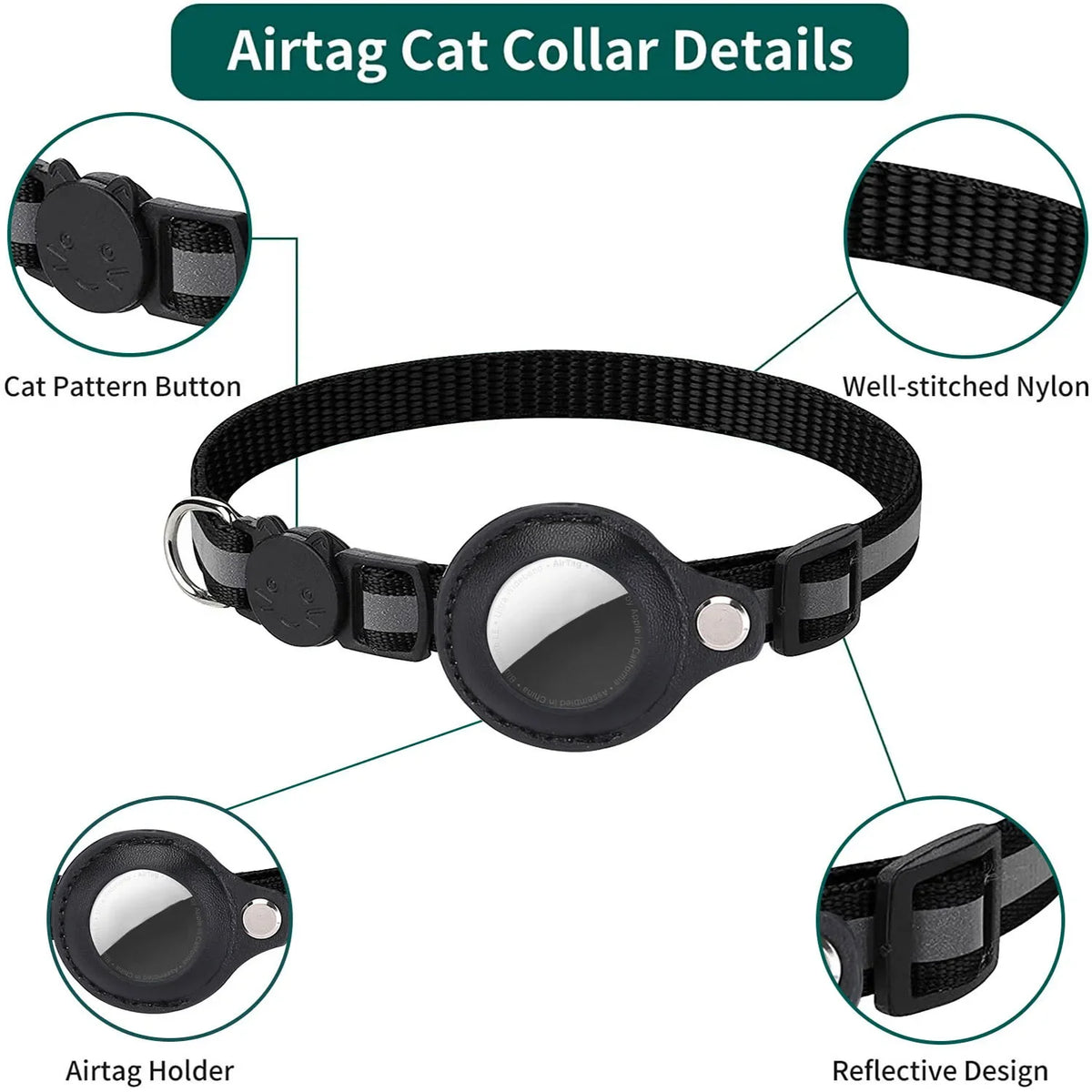 Details of an AirTag Cat Collar showing the pattern button, well-stitched nylon, and reflective design.