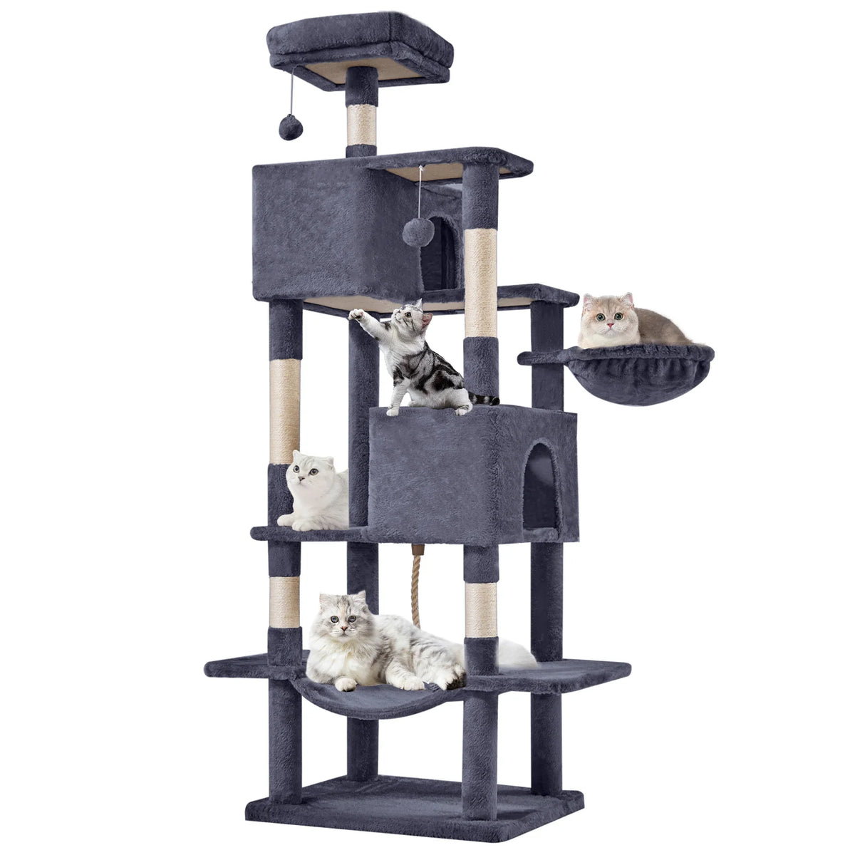 A multi-level cat climbing tree with sisal scratching posts featuring several cats resting on the platforms.