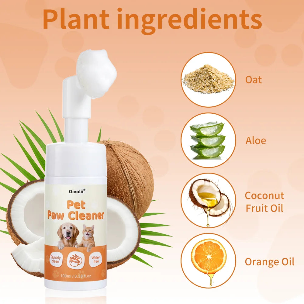 A bottle of Pet Paw Cleaner featuring plant ingredients like oat, aloe, coconut fruit oil, and orange oil.