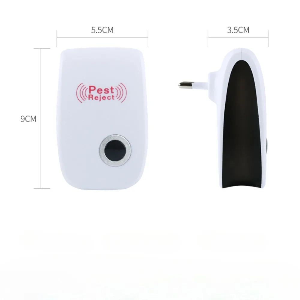 A white ultrasonic pest repellent device shown from the side and front, with dimensions 5.5cm by 9cm.