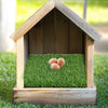 A wooden birdhouse filled with green grass and several brown eggs.
