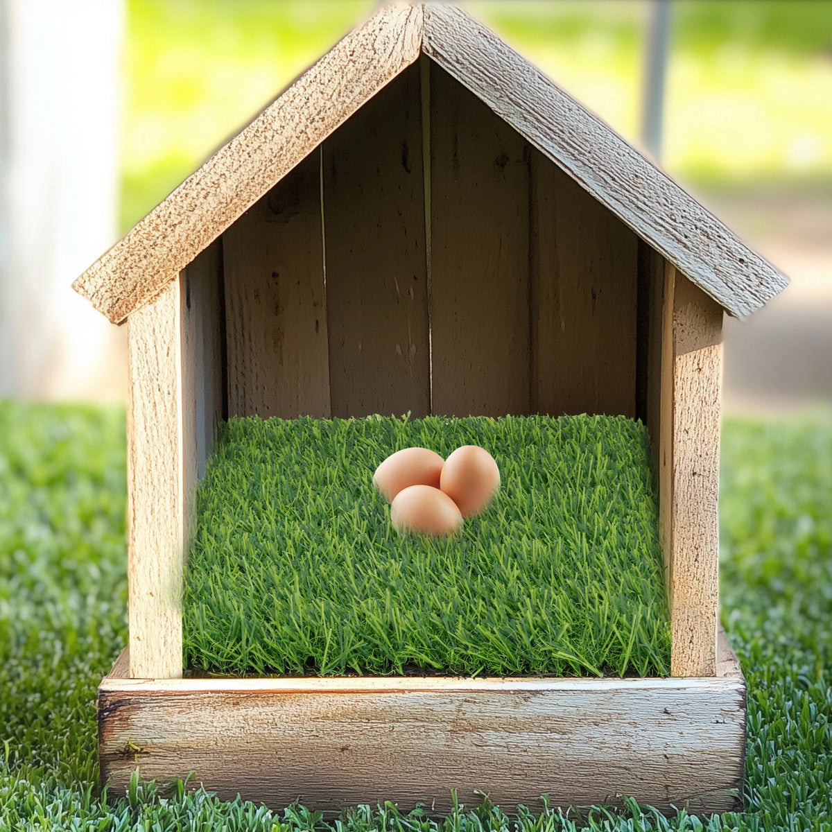 A wooden birdhouse filled with green grass and several brown eggs.