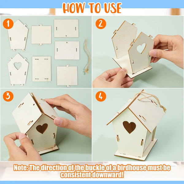 Instructions show how to assemble an unfinished wooden birdhouse kit using hemp rope for a DIY craft.