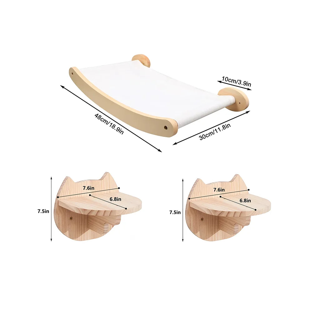 Wall-mounted cat hammock and climbing shelf with a sisal scratching post made of light wood.