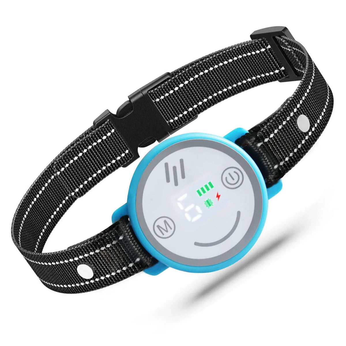 A black dog bark collar with a light blue face and strap, featuring a digital display and power button.
