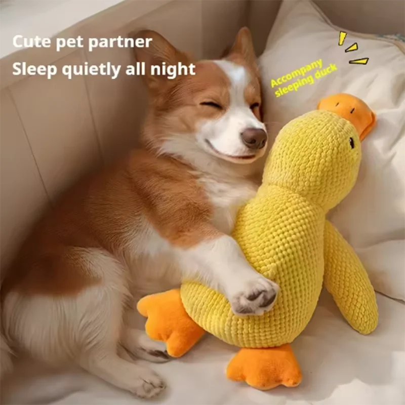 A dog is resting next to a yellow plush duck toy on a white bed.