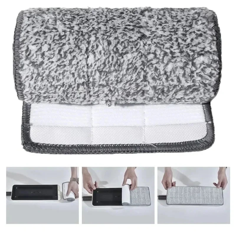 A stack of reusable microfiber mop pads, showing a fluffy gray top layer and a white absorbent pad underneath.