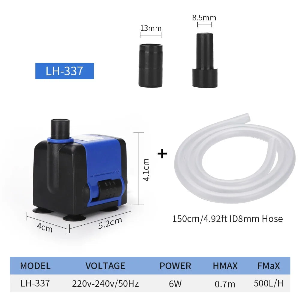Black submersible pump with an 13mm nozzle and a 4.1cm height, plus a 150cm hose.