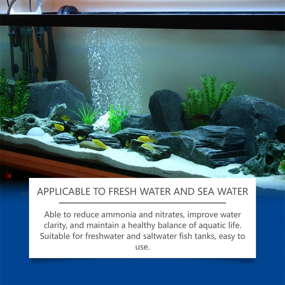 A clear water clarifier product is shown with water flowing, suitable for reducing ammonia and nitrates in fish tanks.