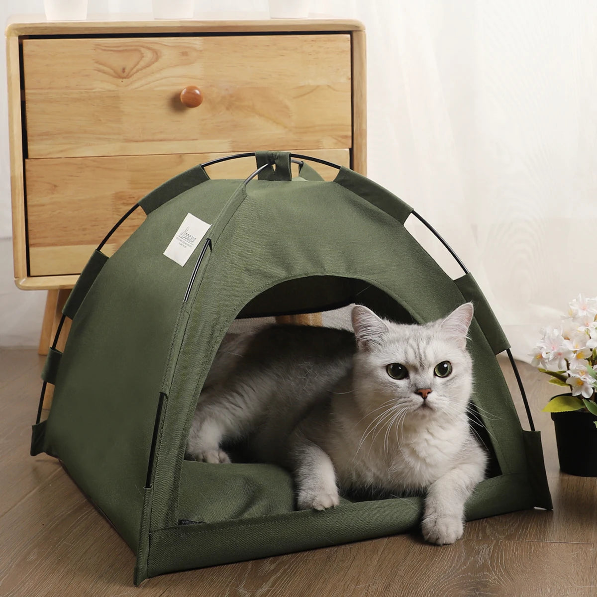 A fluffy gray cat is relaxing inside a green fabric pet tent bed.