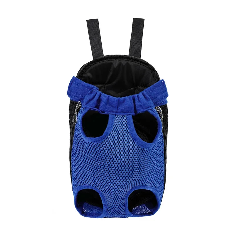 Blue and black adjustable carrier backpack for cats and dogs with padded openings