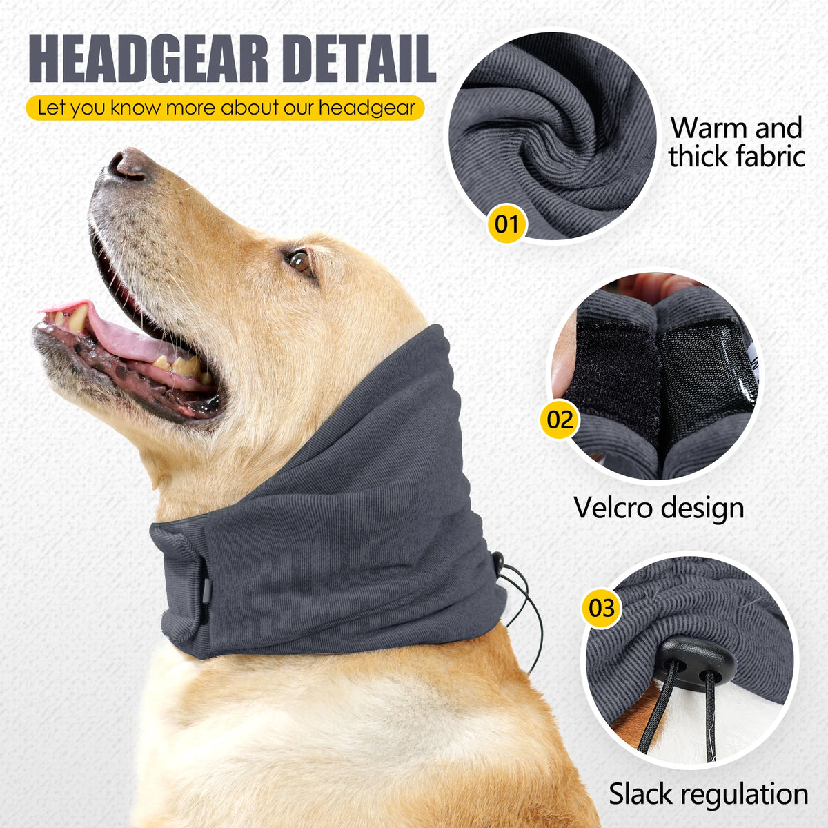 Goldener Hund mit grauem beruhigendem Hoodie und Ohrenschutz, Betonung auf Stoff und Velcro-Details.