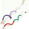 A collection of colorful cotton rope cat teaser toys with tassels in purple, white, and green.