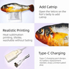 Fischspielzeug mit Klettöffnung für Katzenminze, realistischer Druck und USB-C-Ladeanschluss.