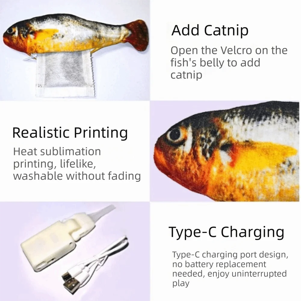 Fischspielzeug mit Klettöffnung für Katzenminze, realistischer Druck und USB-C-Ladeanschluss.