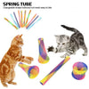 A collection of colorful spring tubes and toys for cats, including various shapes and colors.