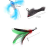 A feather bird toy featuring a blue feather and a gray rodent-like body with an attached bell.