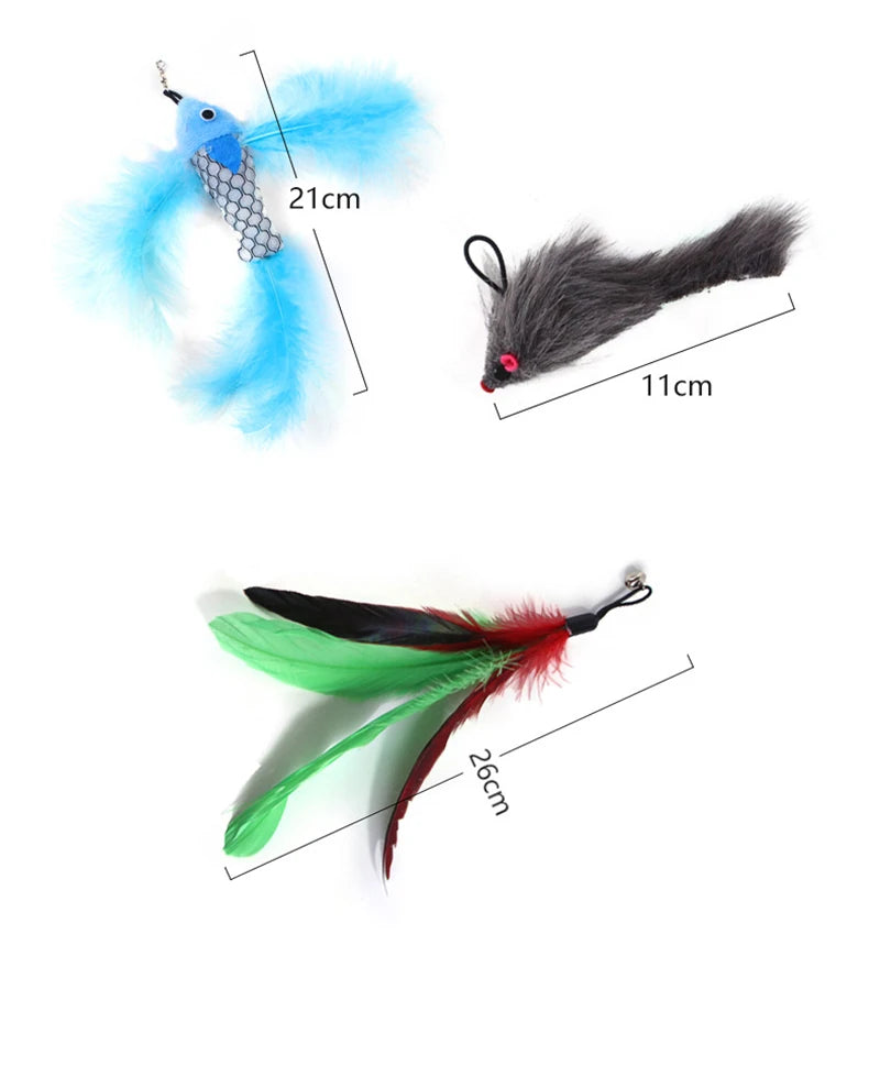 A feather bird toy featuring a blue feather and a gray rodent-like body with an attached bell.