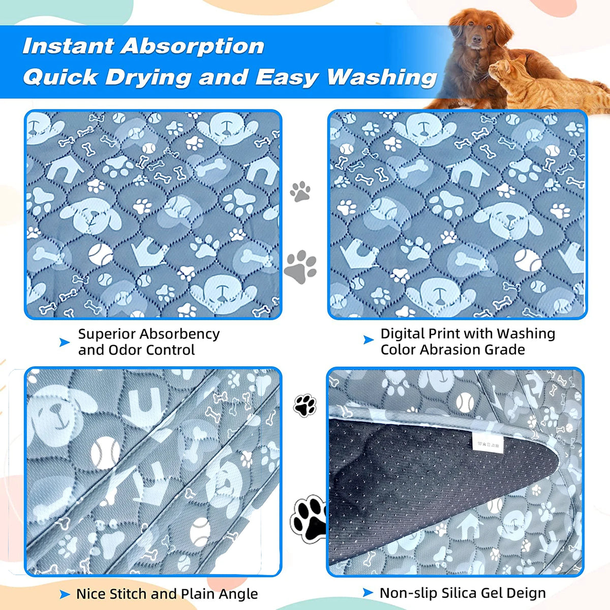 A set of reusable absorbent dog pee pads featuring digital print designs and non-slip silicone gel for quick drying and easy 