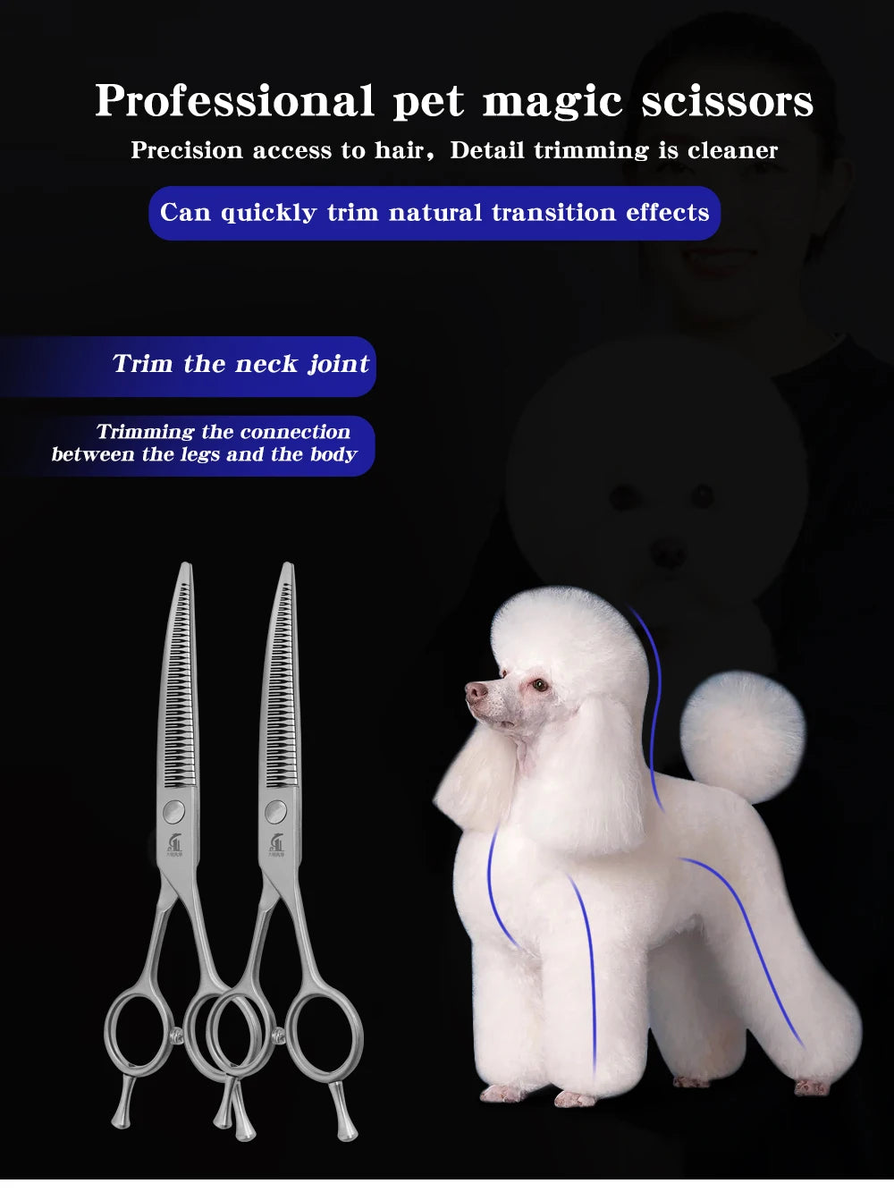 A pair of professional pet magic scissors used for detail trimming on a white poodle.
