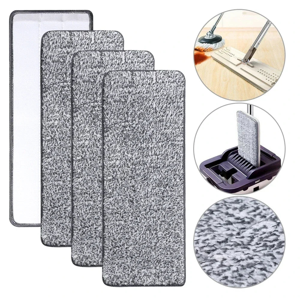 Reusable microfiber mop pads shown with cleaning tools and a close-up of the textured fabric