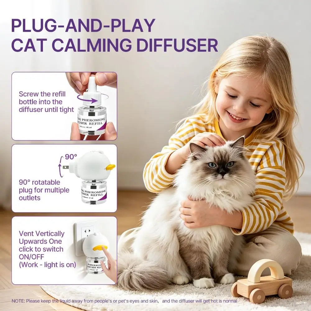 A young girl is holding a fluffy cat while demonstrating a plug-and-play cat calming diffuser device.
