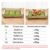 A beige orthopedic dog bed with a green removable cover shown in various sizes and dimensions.