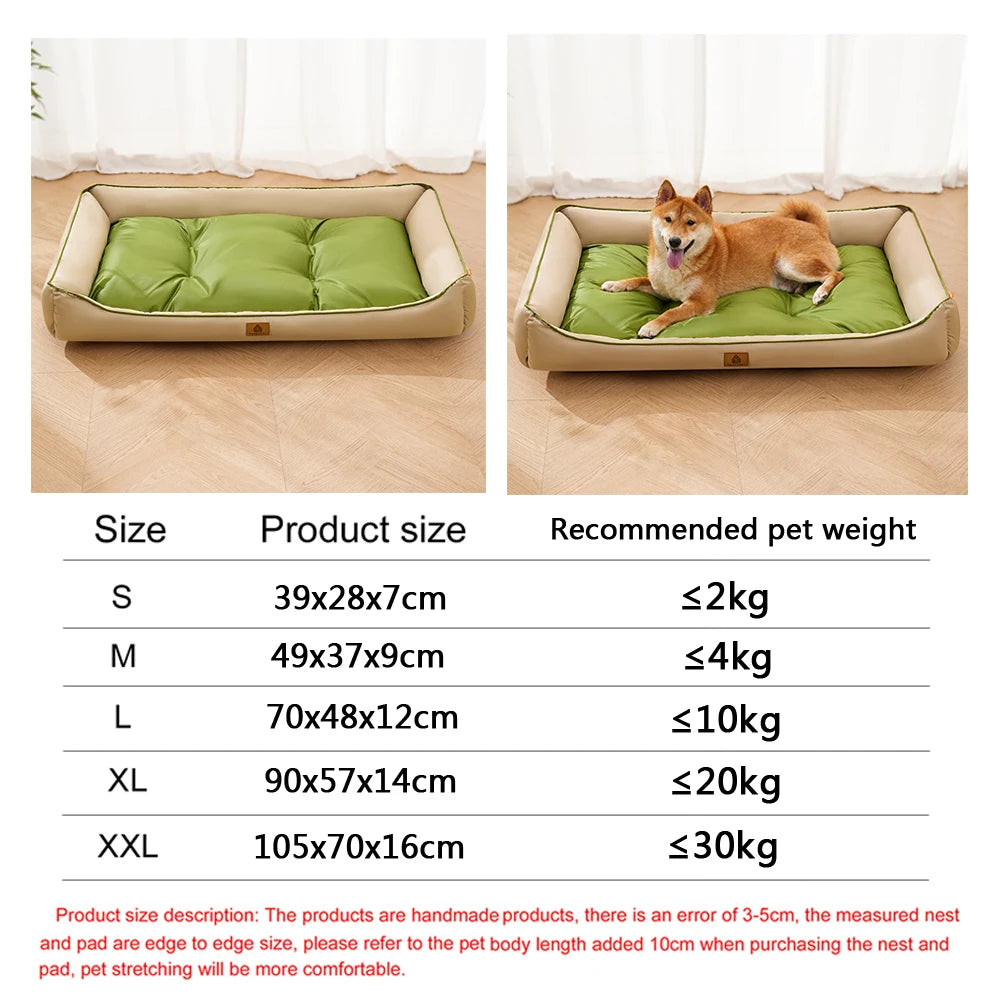 A beige orthopedic dog bed with a green removable cover shown in various sizes and dimensions.